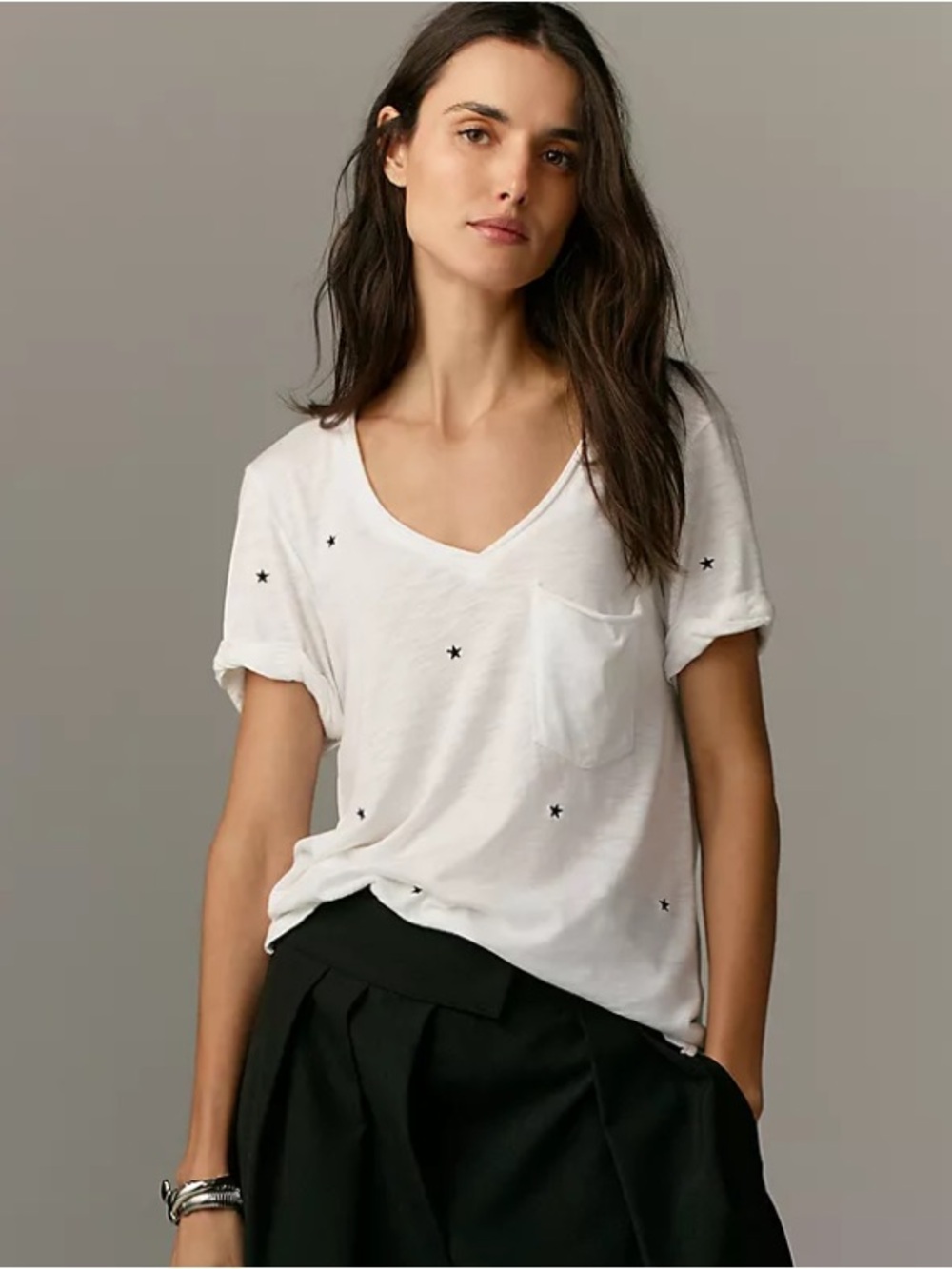 Pilcro Embroidered Star Tee Shirt White Navy Blue Distressed Pocket Casual Boho